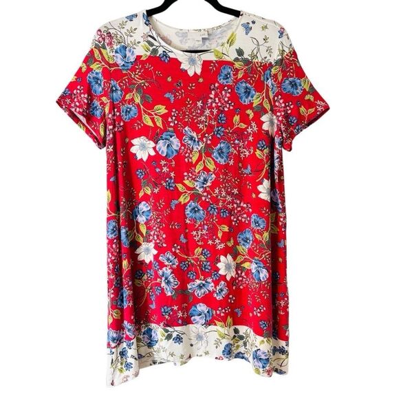 J. Jill M placed print red white blue multi floral soft tunic short sleeve - Picture 1 of 9
